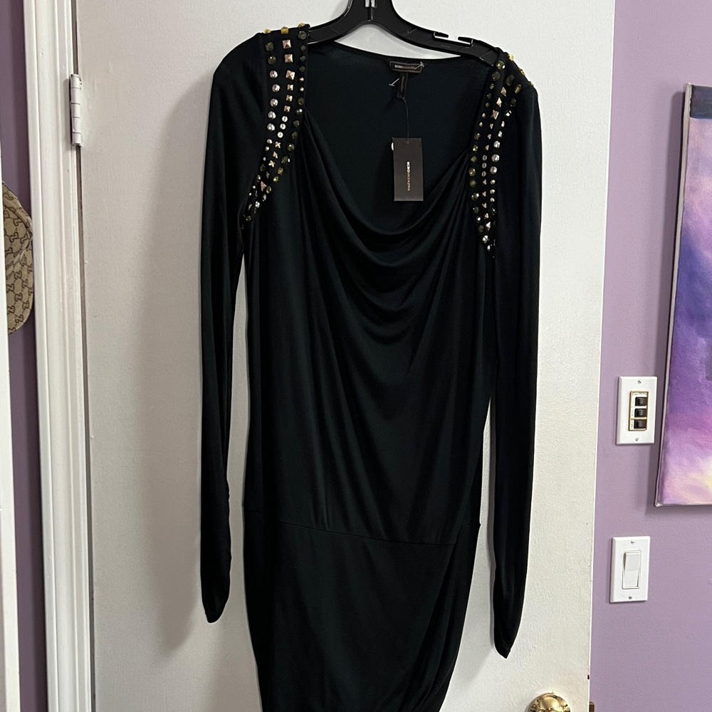 BCBGMaxAzria Black Long-Sleeve Drape Neck Studded Dress